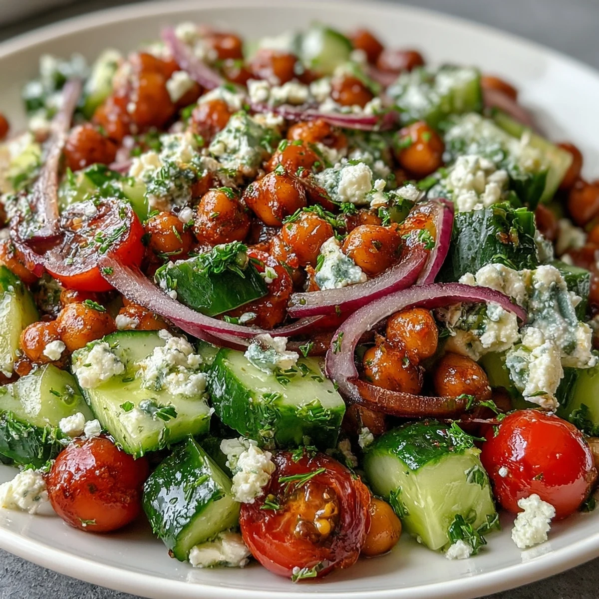 Vibrant Mediterranean Chickpea Salad served in a white bowl, topped with crumbled feta and fresh parsley, perfect as a healthy light lunch.