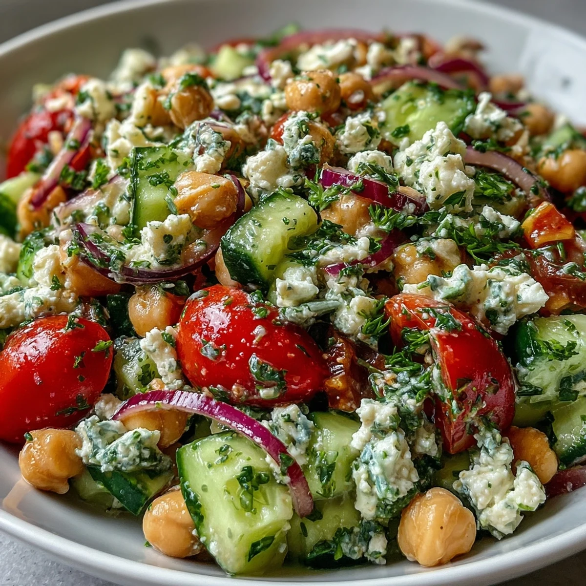 Fresh Mediterranean Chickpea Salad with cucumber, cherry tomatoes, red onion, and creamy feta cheese tossed in a zesty lemon-oregano vinaigrette.