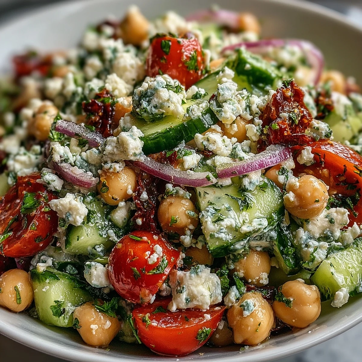 Colorful bowl of Mediterranean Chickpea Salad, featuring diced red bell pepper, chickpeas, and glistening dressing, ideal for easy summer potlucks.