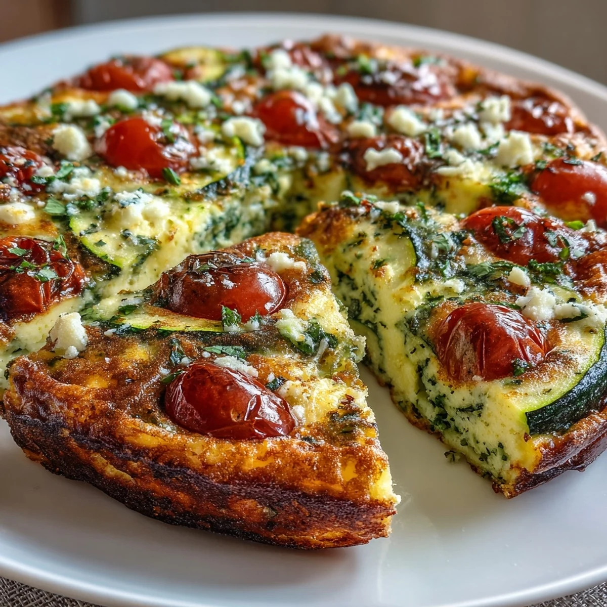 Freshly baked Light Zucchini and Tomato Frittata with golden edges and vibrant green zucchini slices on a white plate.