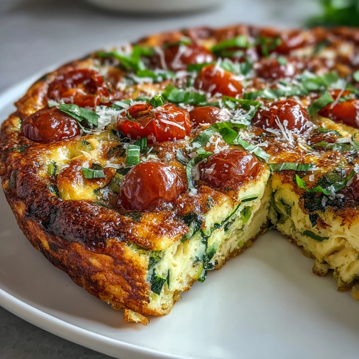 Close-up of Light Zucchini and Tomato Frittata revealing fluffy texture, spinach, and juicy tomatoes on a rustic table.