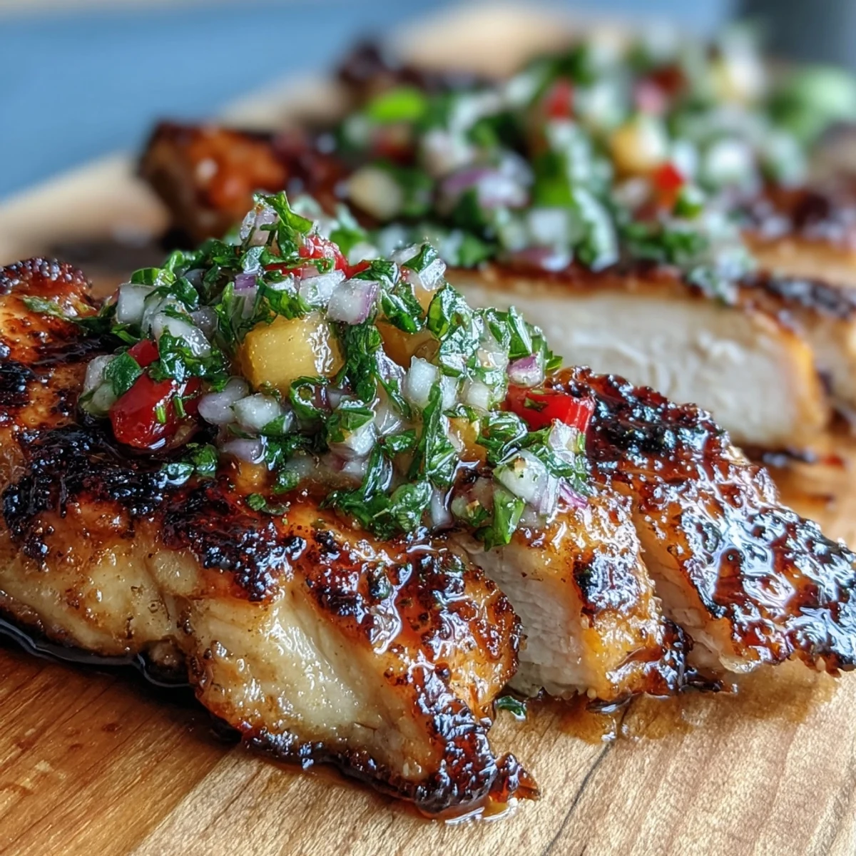 Sizzling Grilled Chicken with Peach Basil Salsa paired with a crisp green salad and white wine.