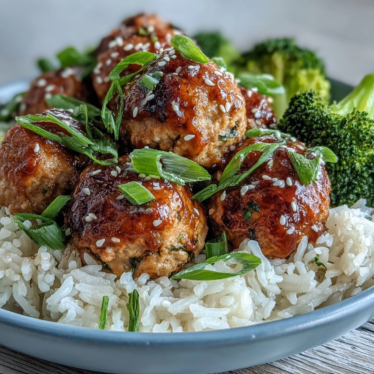 Tender Honey Garlic Turkey Meatballs coated in a glossy, sweet-savory sauce, nestled beside crisp broccoli on a bed of fluffy jasmine rice.
