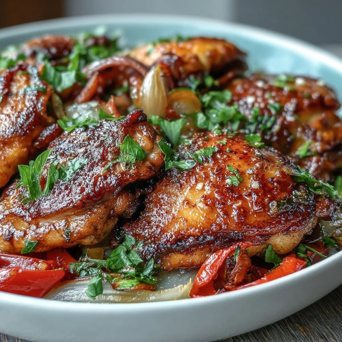 Golden crispy-skinned One-Pan Paprika Chicken thighs roasted with tender bell peppers and onions.