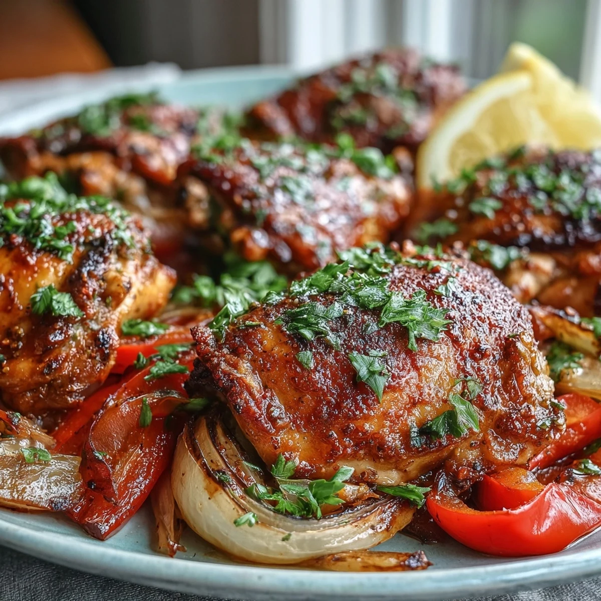 Juicy One-Pan Paprika Chicken with roasted peppers and onions, served on a platter with lemon wedges.