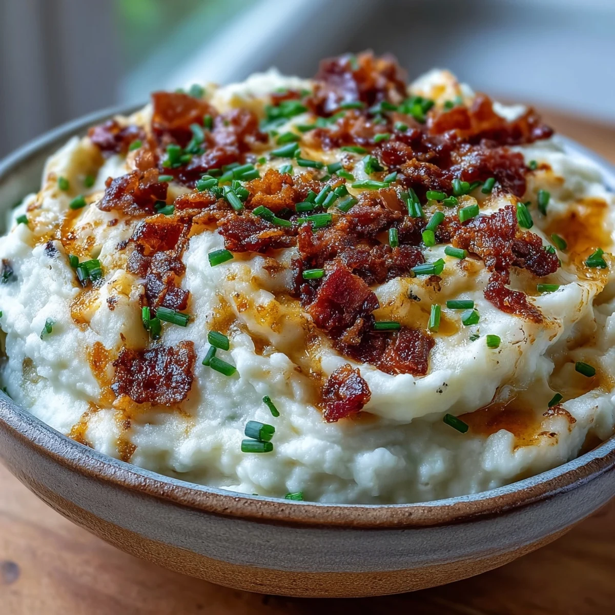 Golden-brown roasted cauliflower and garlic are mashed with sharp cheddar, cream cheese, and crispy bacon crumbles to create a savory Keto Bacon and Cheddar Cauliflower Mash.