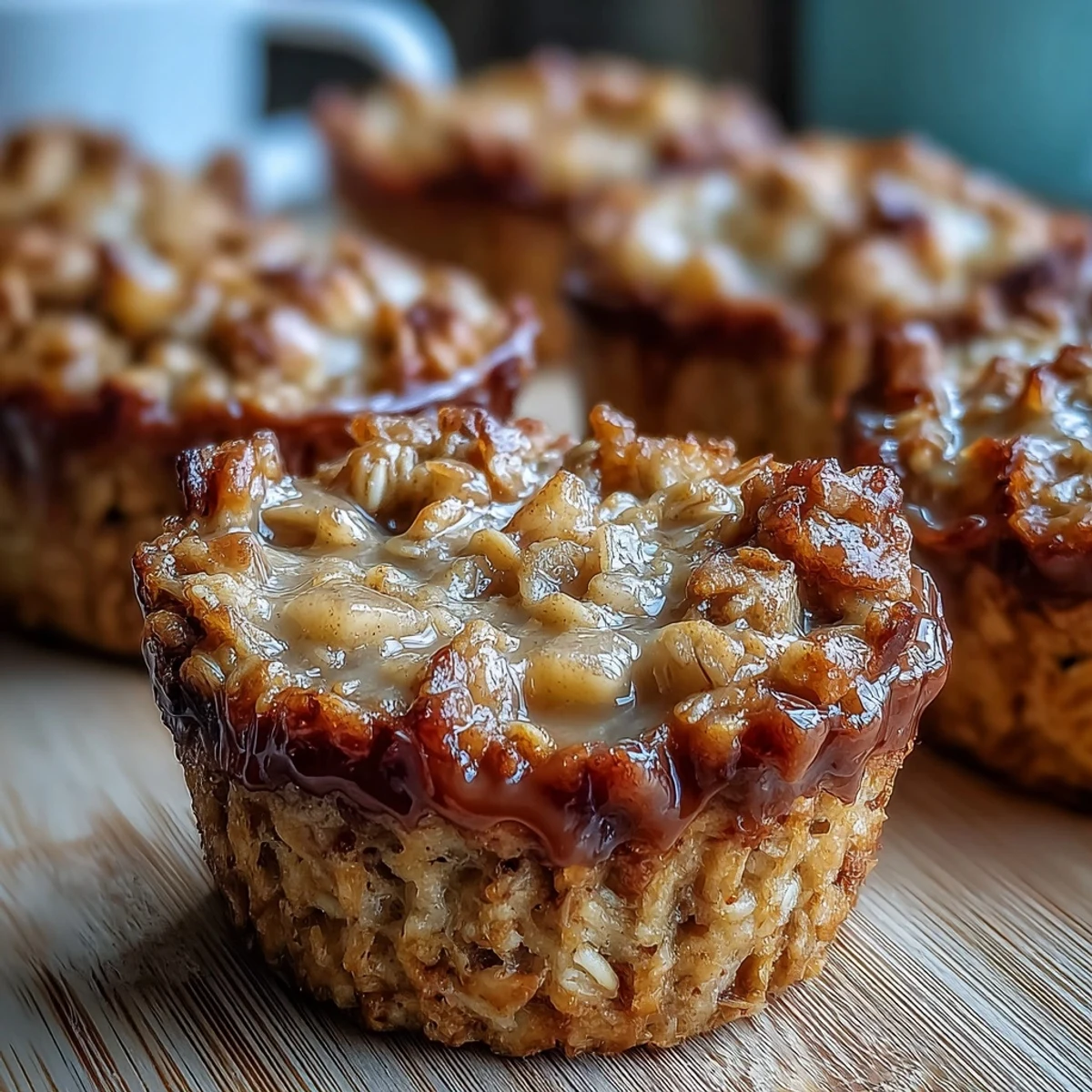 A close-up reveals tender apple chunks and oats in these Vegan Apple Cinnamon Baked Oatmeal Cups.