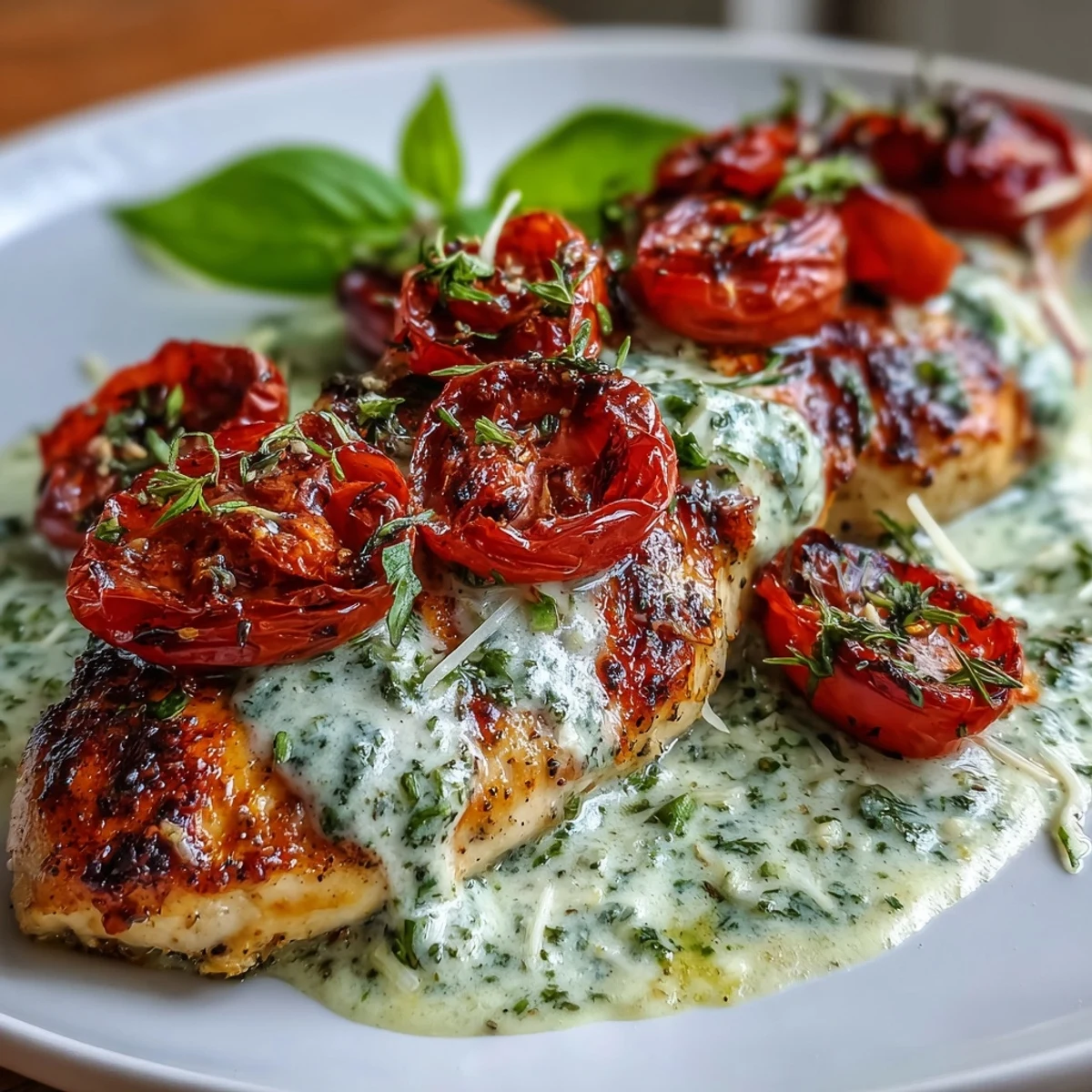 Keto-friendly chicken breasts simmered in basil pesto cream sauce, topped with oven-roasted cherry tomatoes for a low-carb Italian-inspired dinner.