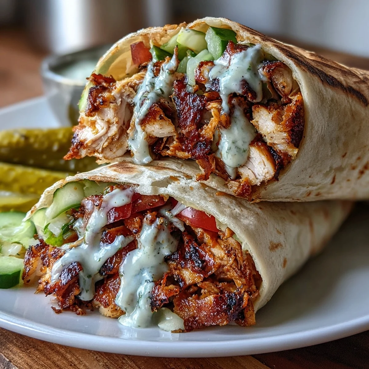 Chicken shawarma wrap with grilled marinated chicken, creamy garlic sauce, fresh vegetables, and tangy pickles in soft pita bread.  