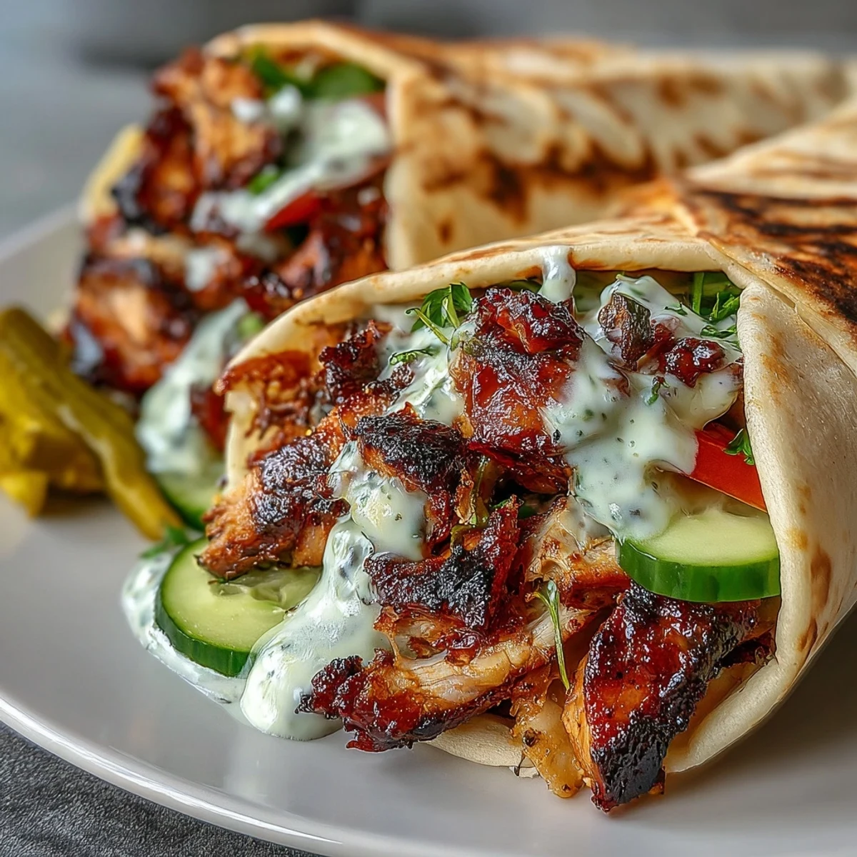Marinated grilled chicken shawarma topped with creamy garlic sauce, fresh veggies, and pickles, wrapped in a soft flatbread.