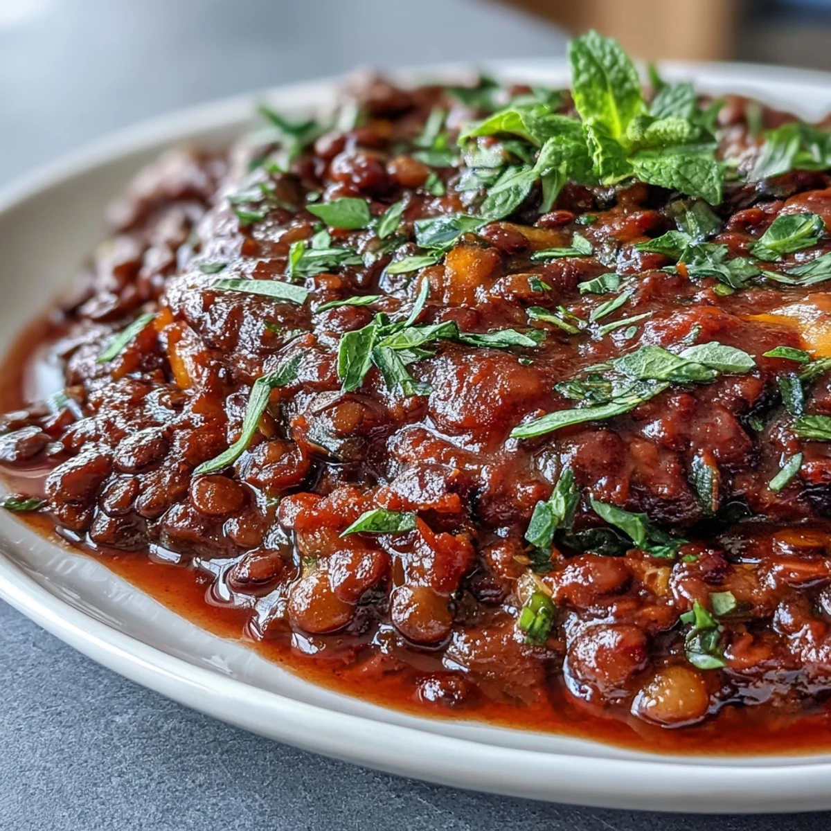 A colorful plate of Vegan Lentil Bolognese featuring tender spiralized vegetables topped with rich, savory tomato-lentil sauce and fresh basil.