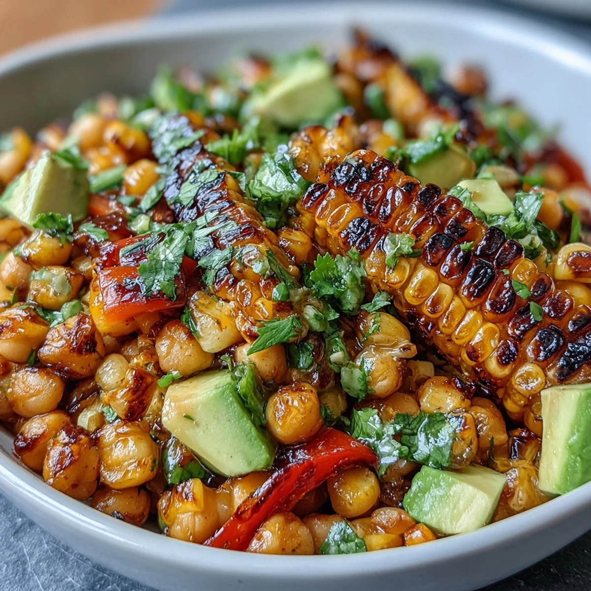 Fresh and zesty vegan chili lime street corn salad with chickpeas, garnished with pepitas and served with lime wedges.