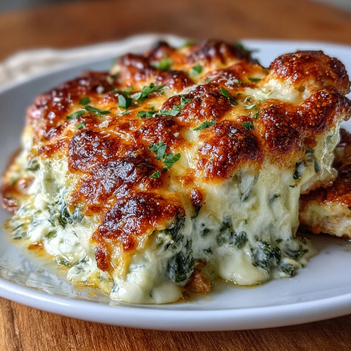 Keto Spinach Artichoke Chicken Bake with golden melted cheese and creamy spinach artichoke topping.
