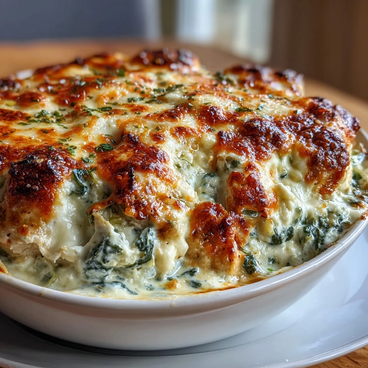 Cheesy baked chicken breasts smothered in a rich spinach artichoke mixture, perfect for keto dinners.