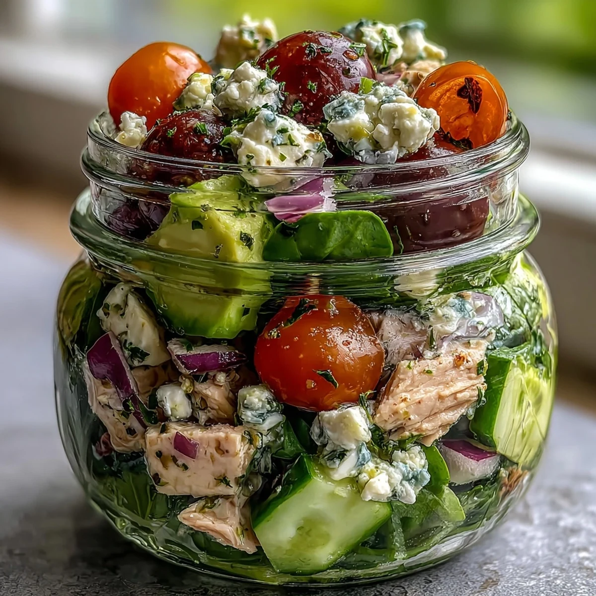 Protein-packed avocado chicken salad in mason jars, featuring bright colors and fresh ingredients for a nourishing lunch.