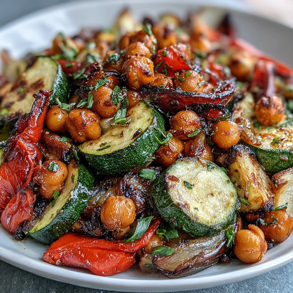 Lemon Garlic Roasted Vegetable Medley with Chickpeas: a colorful sheet pan of tender zucchini, bell peppers, and chickpeas roasted with zesty lemon and fragrant garlic.  