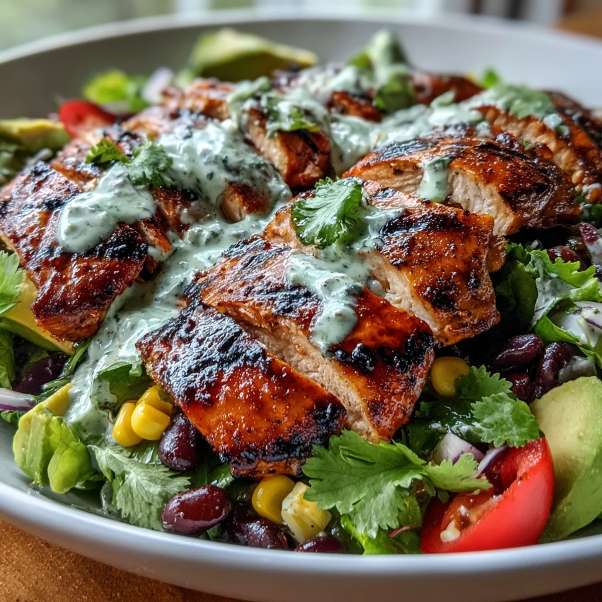 Southwest Chicken Power Salad with Black Beans and Corn in a vibrant bowl, topped with grilled chicken slices and creamy avocado.  