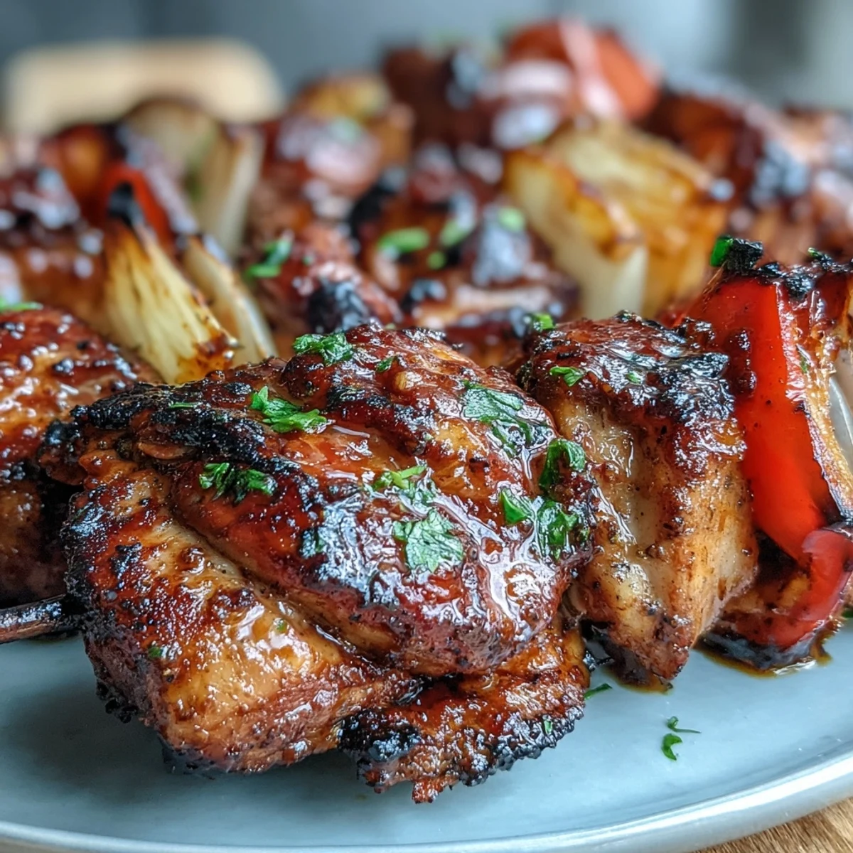 Grilled jerk chicken skewers with juicy pineapple and colorful peppers, marinated in bold Caribbean spices for a vibrant, flavorful meal.  