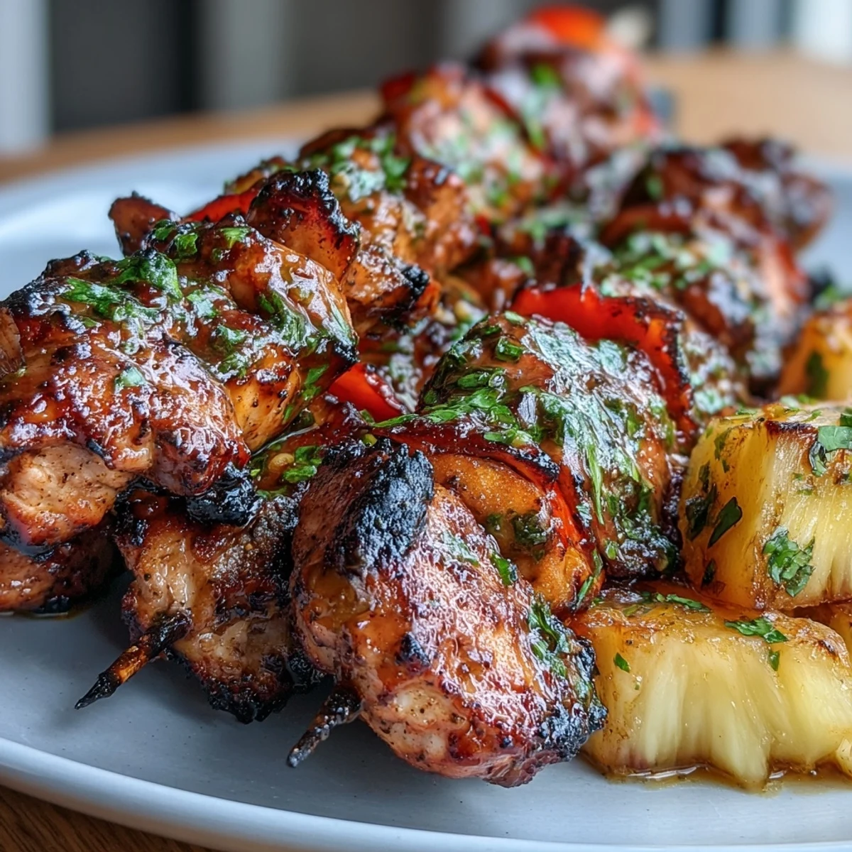 Spicy jerk-marinated chicken skewers with bell peppers and pineapple, charred to perfection for a colorful and aromatic Caribbean feast.