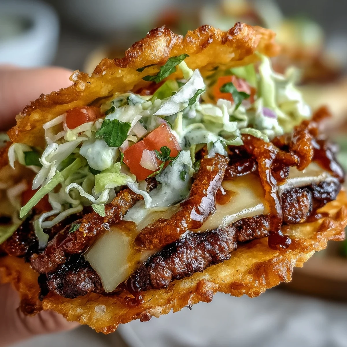 Crispy mini smash burger tacos loaded with juicy beef, melty cheese, and fresh toppings for a fun party bite.