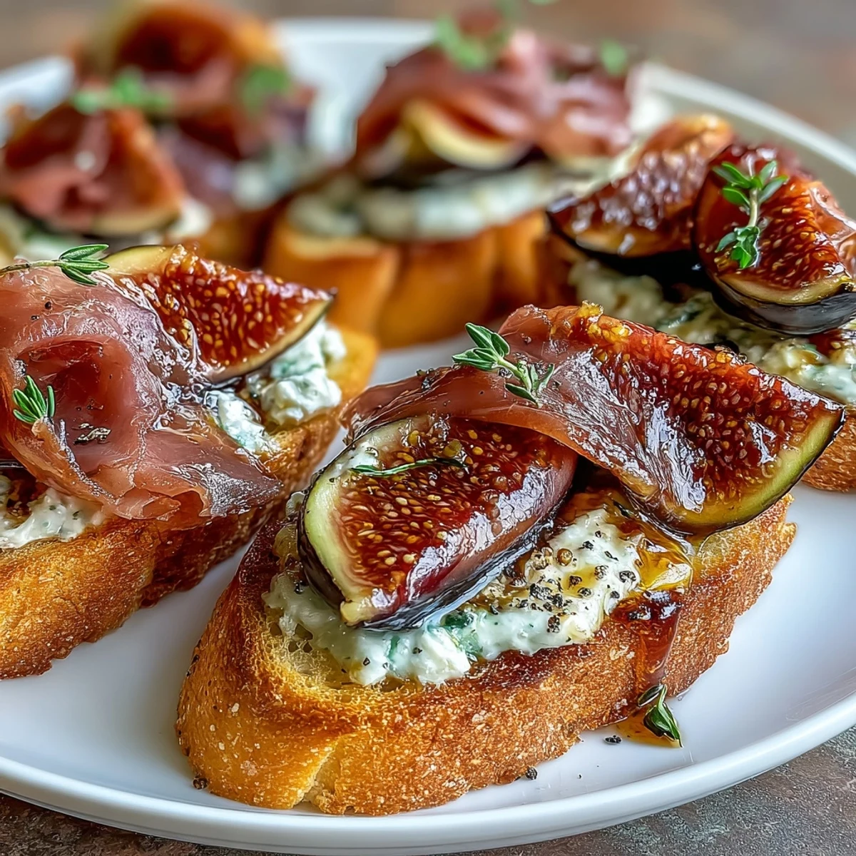 Elegant crostini featuring prosciutto, sliced figs, and a honey drizzle, perfect for entertaining or snacking.