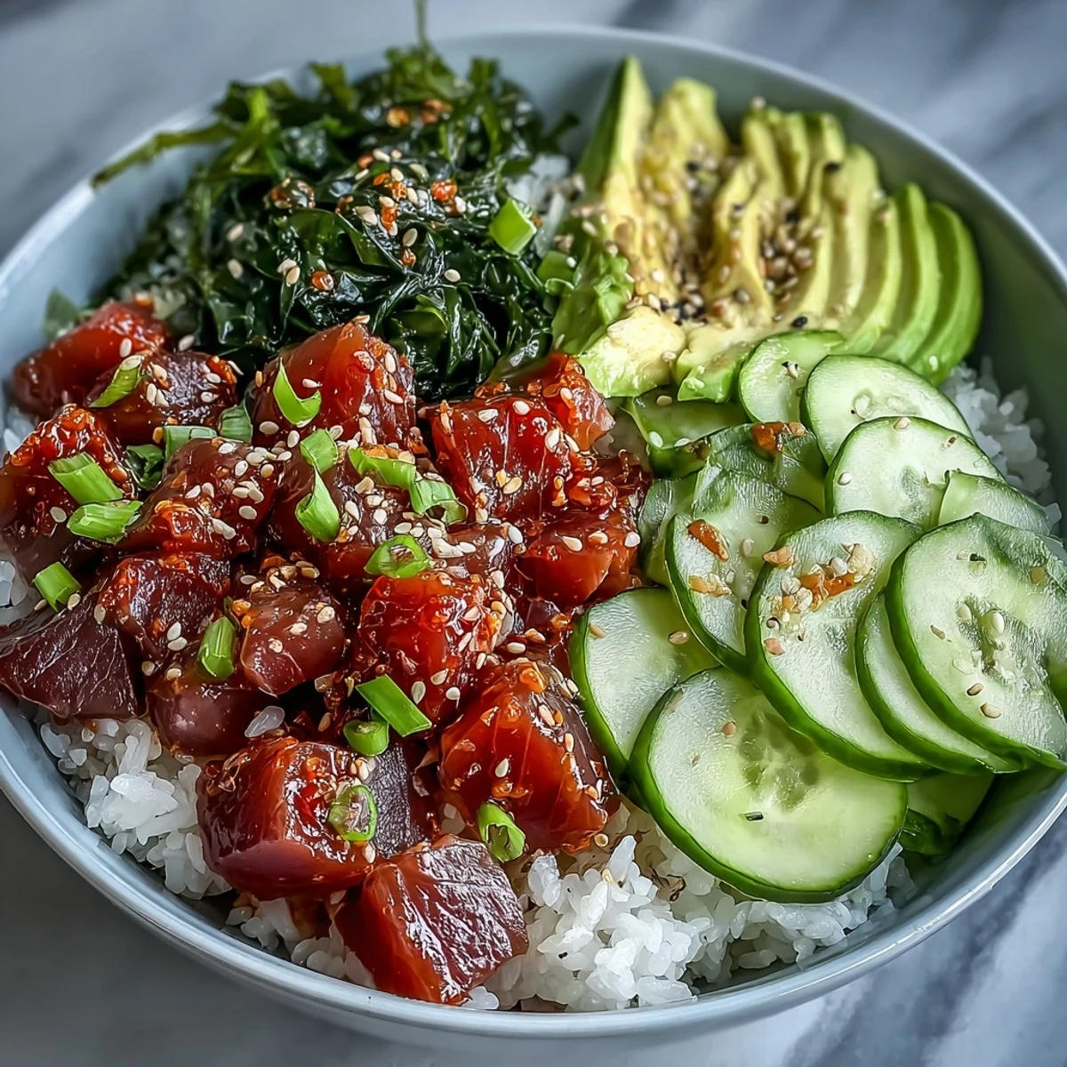 Vibrant Hawaiian poke bowl featuring spicy tuna, fresh avocado, cucumber, and edamame on sushi rice.