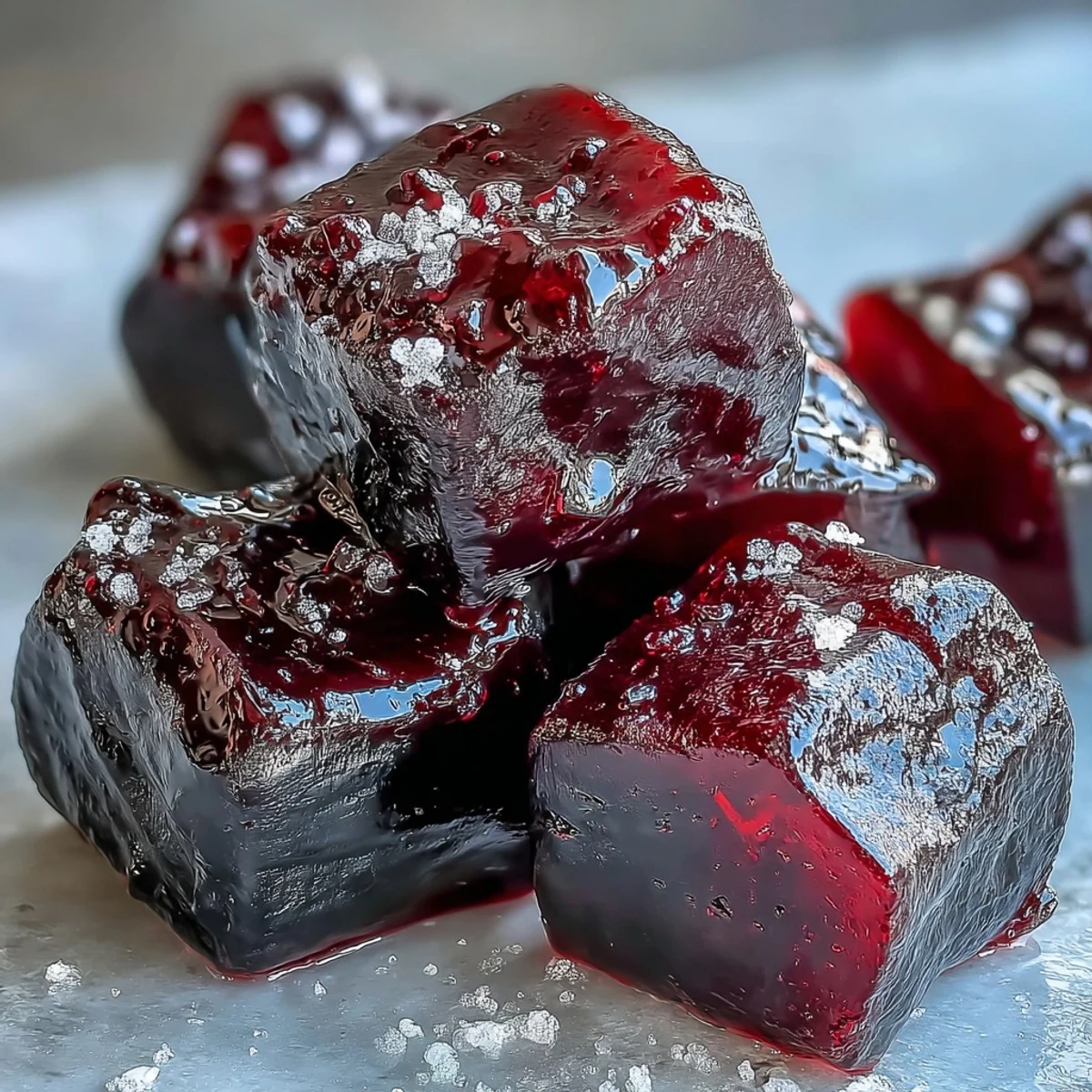 Close-up of homemade black currant licorice candy squares, glistening with a light sugar coating.  