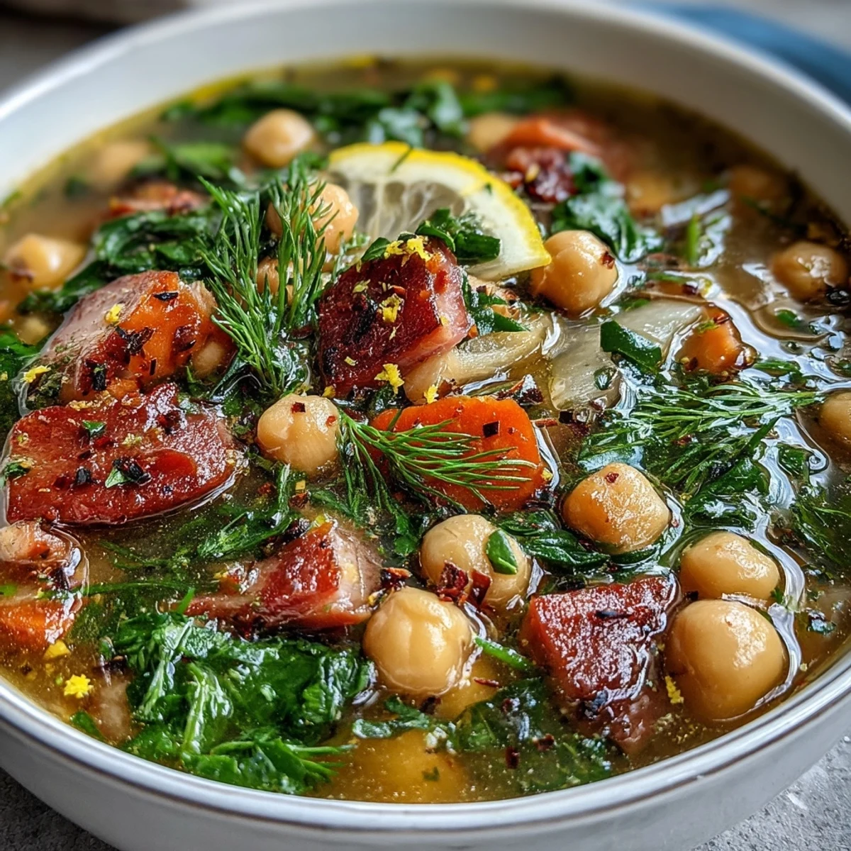 Creamy chickpea and tender ham soup with vibrant lemon and dill, served hot in a rustic bowl for a nourishing dinner.