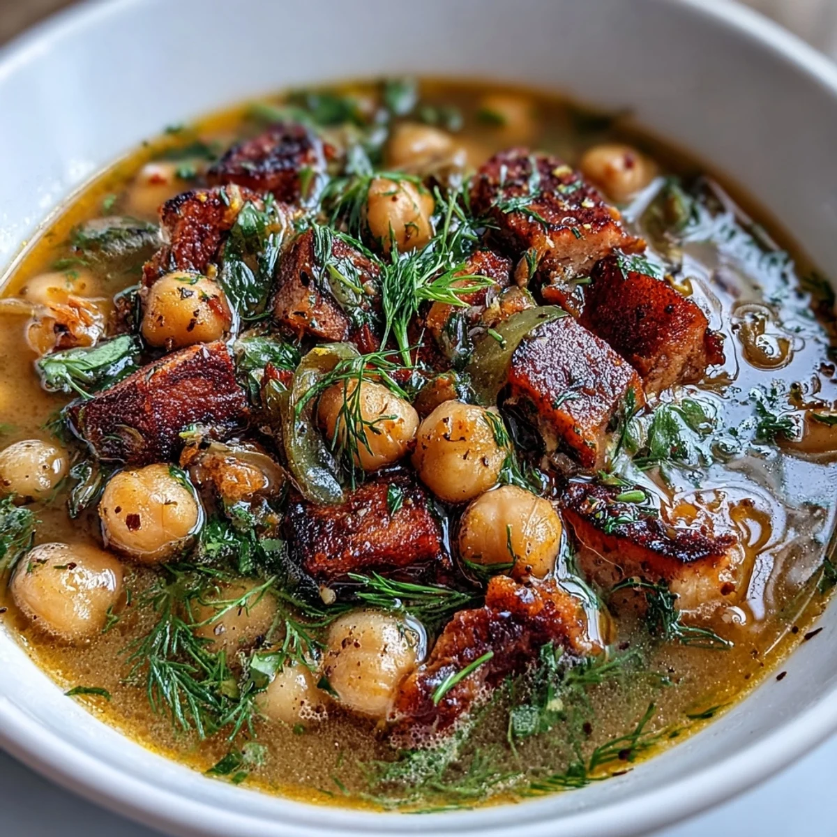 Hearty ham and chickpea soup, simmered with carrots, celery, and brightened with fresh lemon and dill for a comforting meal.  