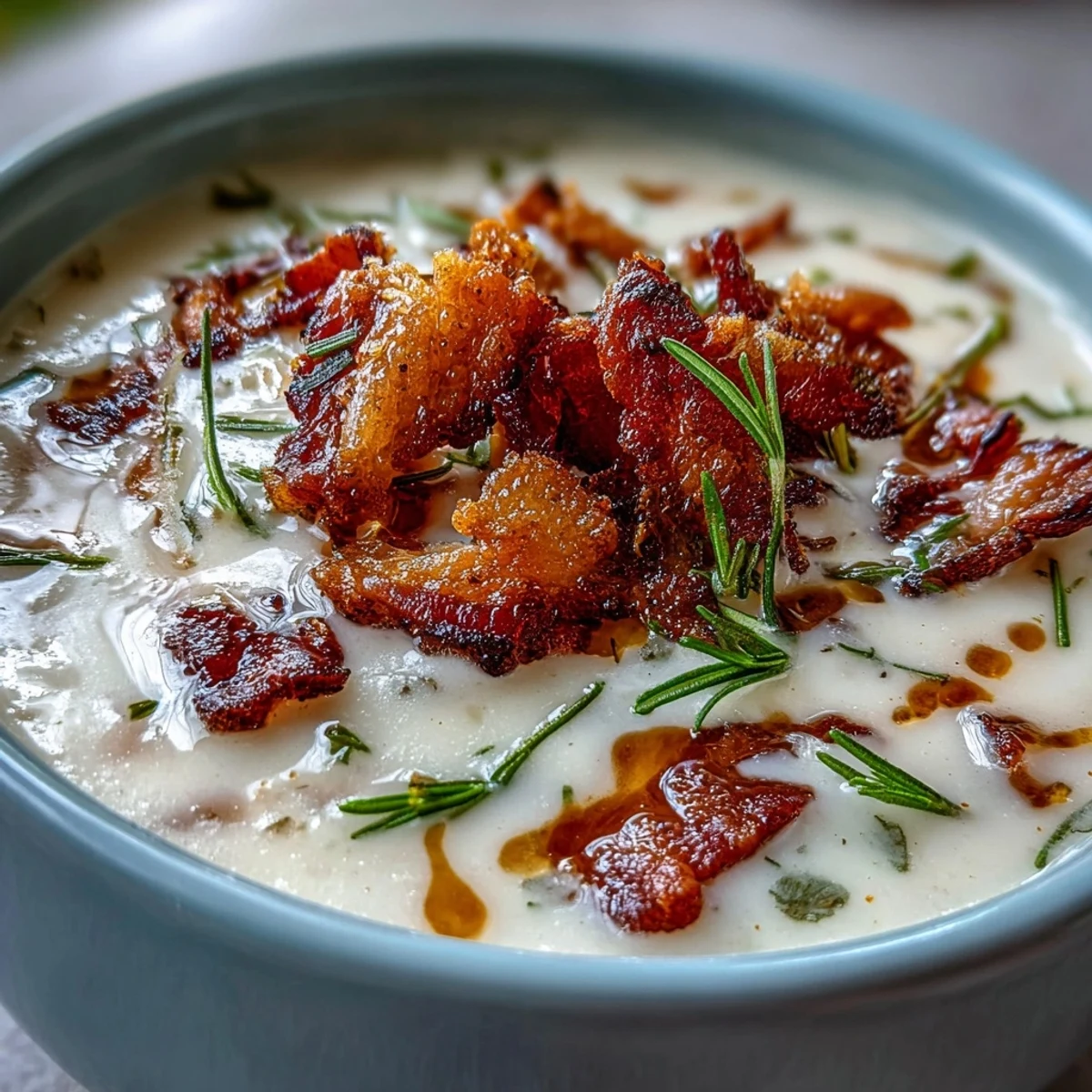 Creamy White Bean Soup with Bacon and Rosemary, a rich and comforting bowl topped with crispy bacon and fresh herbs.