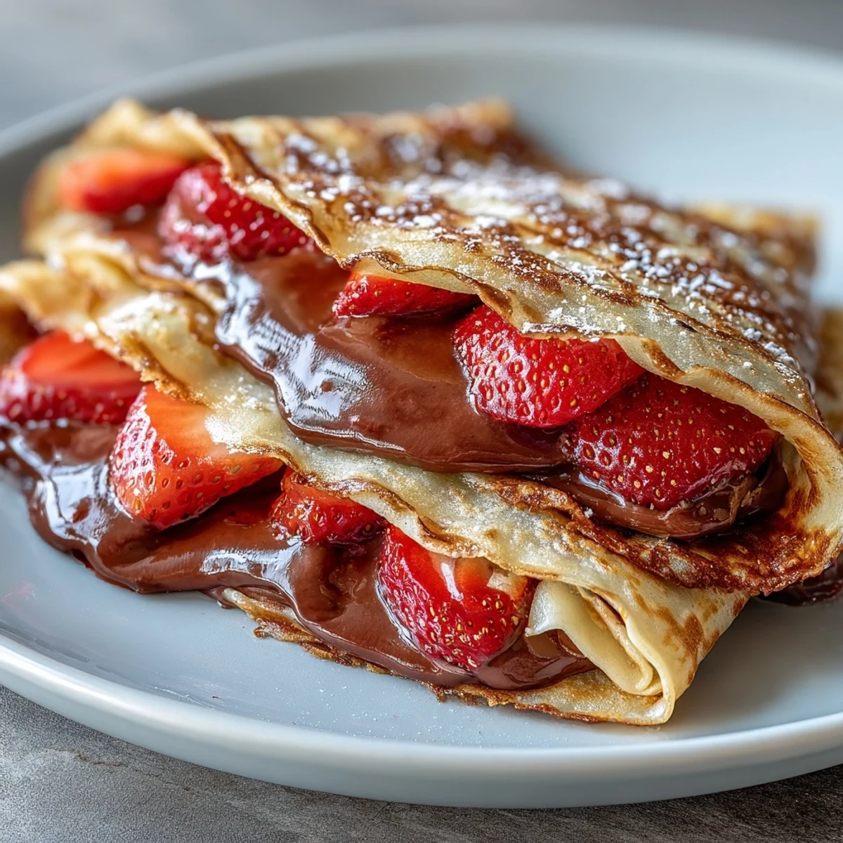 Golden crêpes filled with Nutella and fresh strawberries, perfect for a Galentine's brunch celebration.