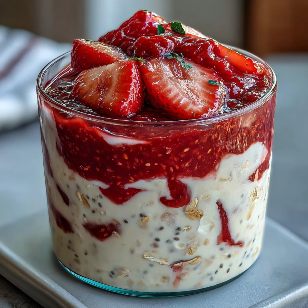 A wholesome breakfast featuring creamy oats topped with homemade strawberry chia jam and fresh fruit slices.