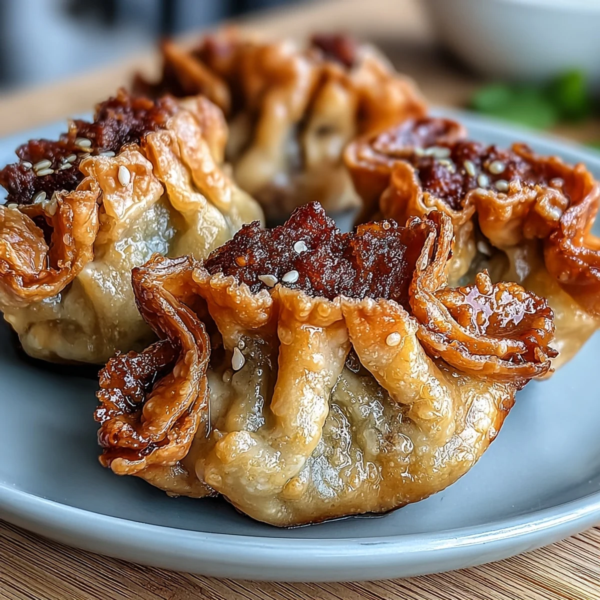 Golden, crispy air-fried pork dumplings served with a vibrant chili oil dipping sauce, perfect for an Asian-inspired appetizer or snack.  