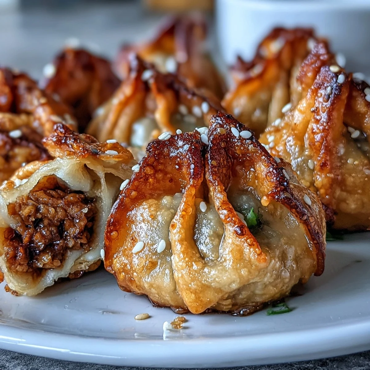 Crunchy, golden pork dumplings with savory filling, air-fried to perfection and paired with a spicy, aromatic chili oil for dipping.  