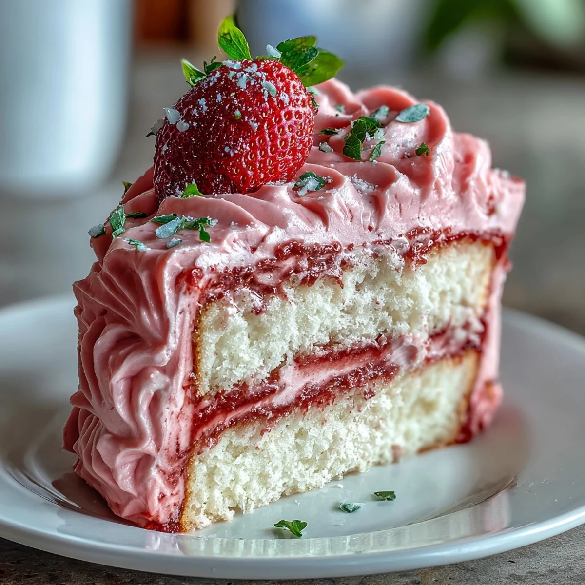 Galentines Cake with Strawberry Buttercream featuring a stunning pink ombre frosting, layered with fluffy vanilla cake and garnished with fresh strawberries.