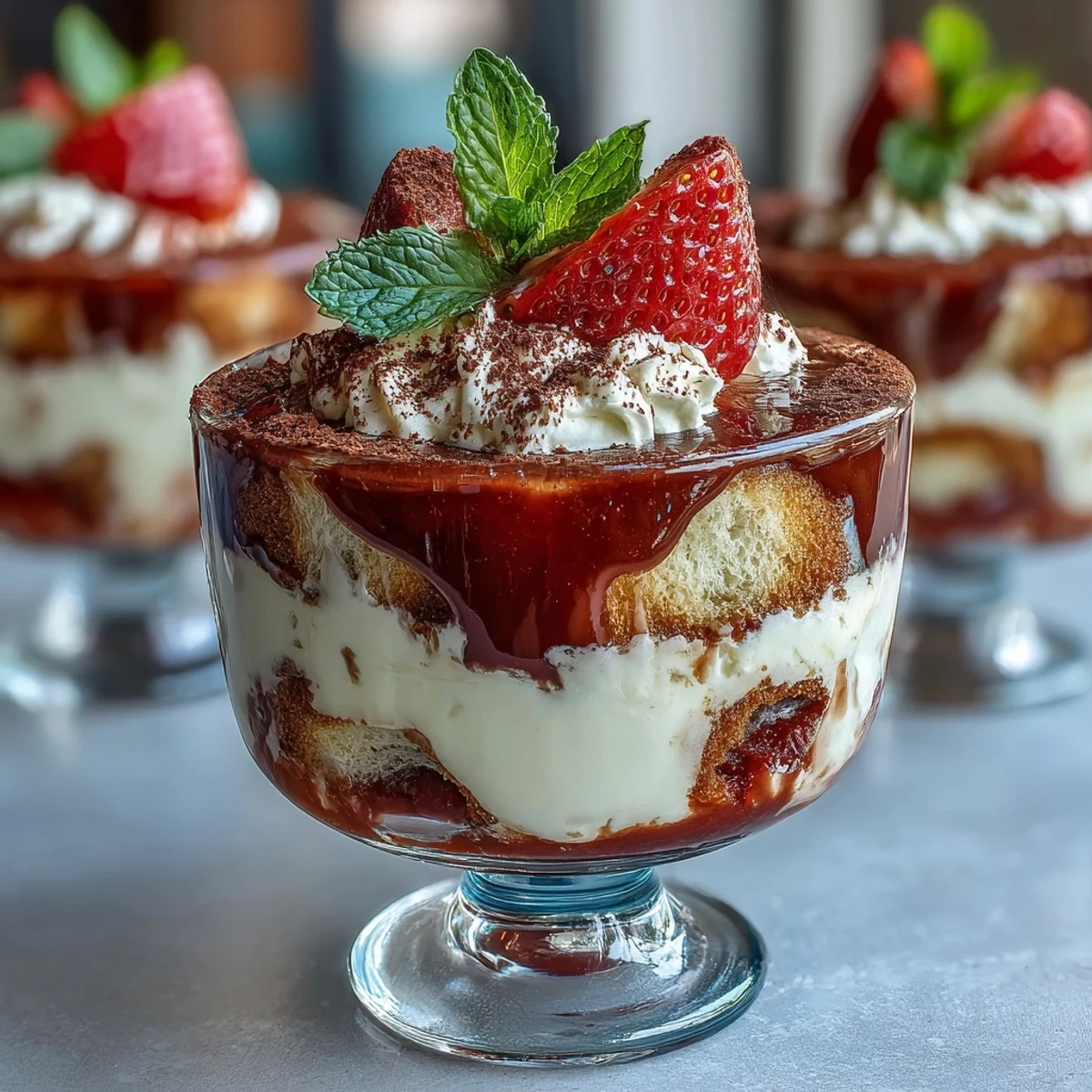Decadent strawberry tiramisu cups combine creamy mascarpone, macerated berries, and coffee-infused ladyfingers for an elegant Italian treat.