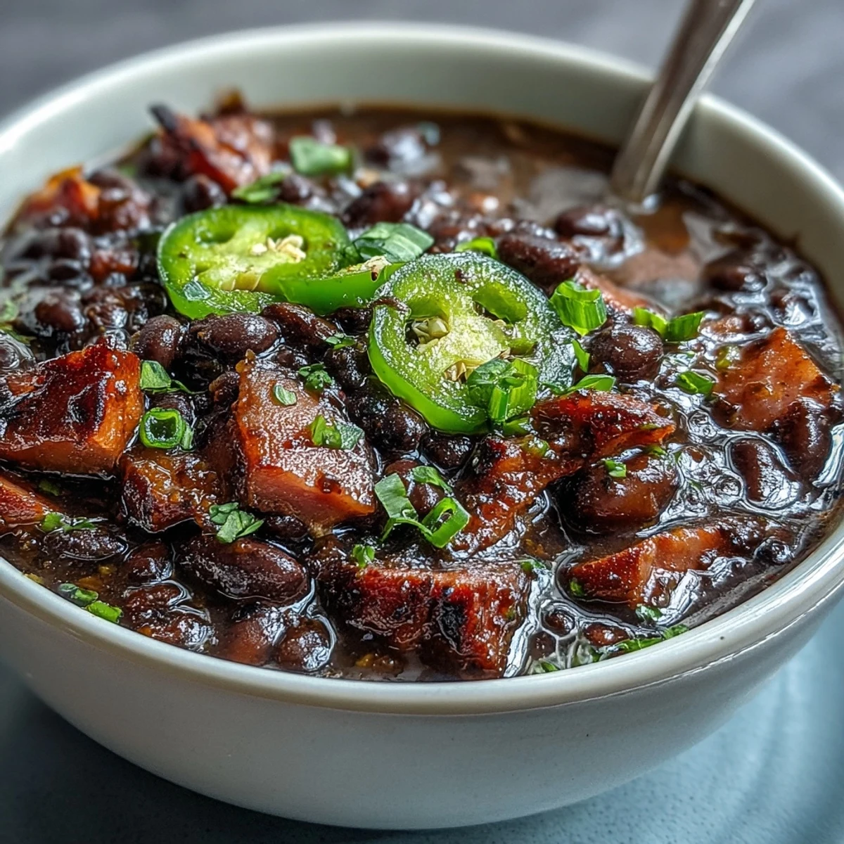 Hearty black bean and ham soup with jalapeños, topped with fresh cilantro and lime wedges for a spicy kick.  