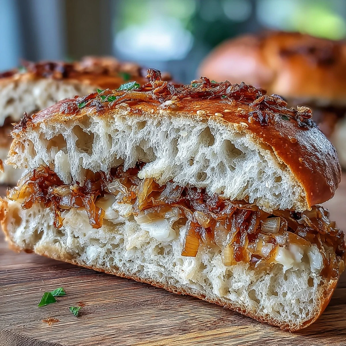 Chewy sourdough bagels topped with golden sautéed onions, perfect for a savory breakfast or hearty sandwich.  