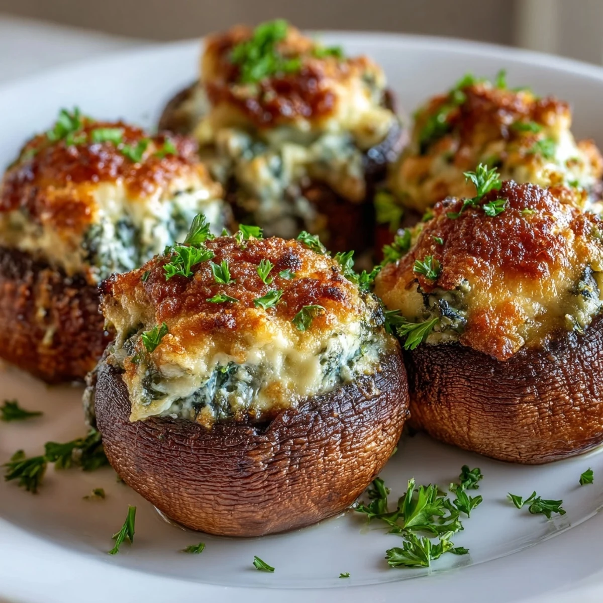 Crispy, golden stuffed mushrooms with creamy spinach filling, made effortlessly in the air fryer for a delicious bite.