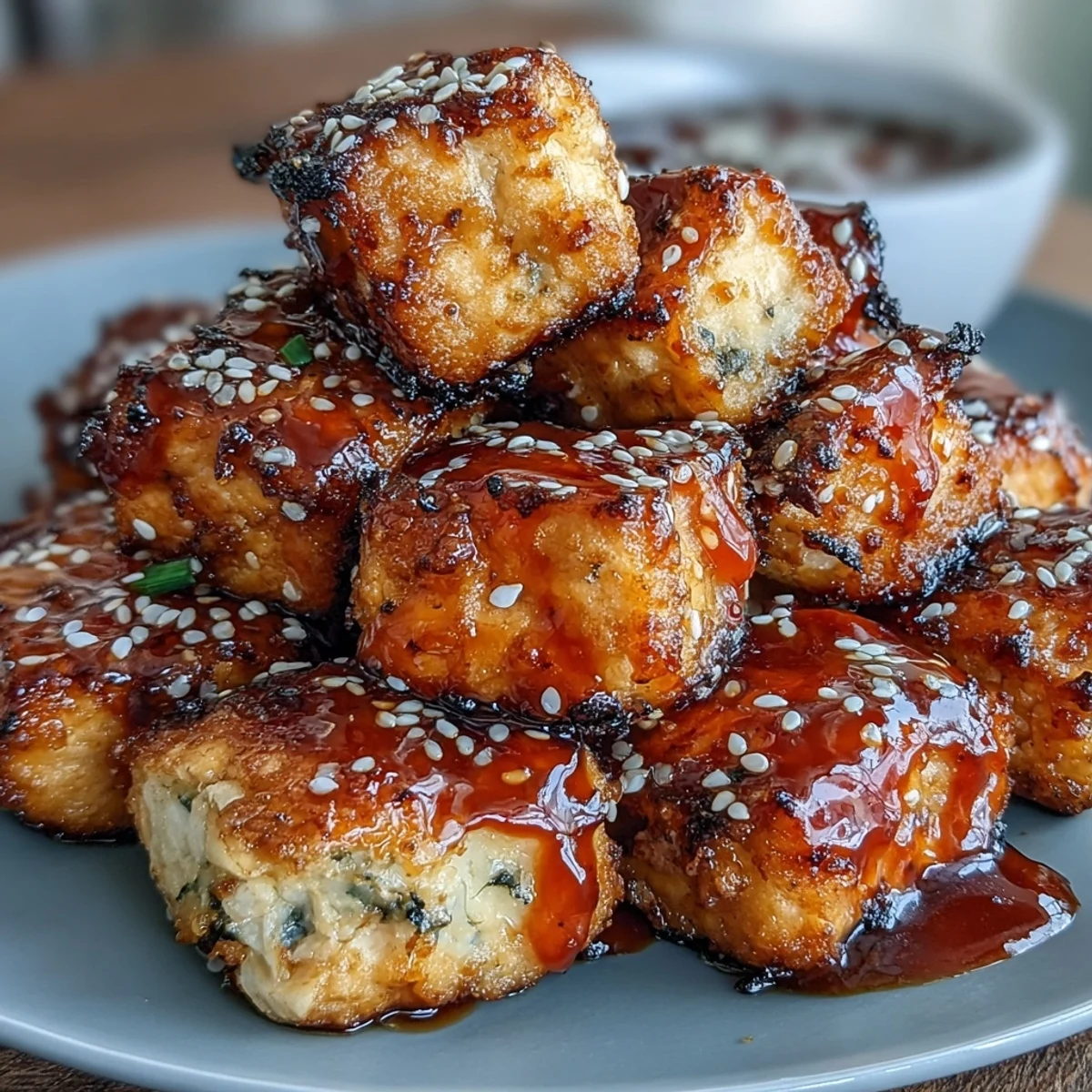 Air fryer sweet chili tofu nuggets with crispy golden coating and tangy glaze, garnished with sesame seeds and green onions.  