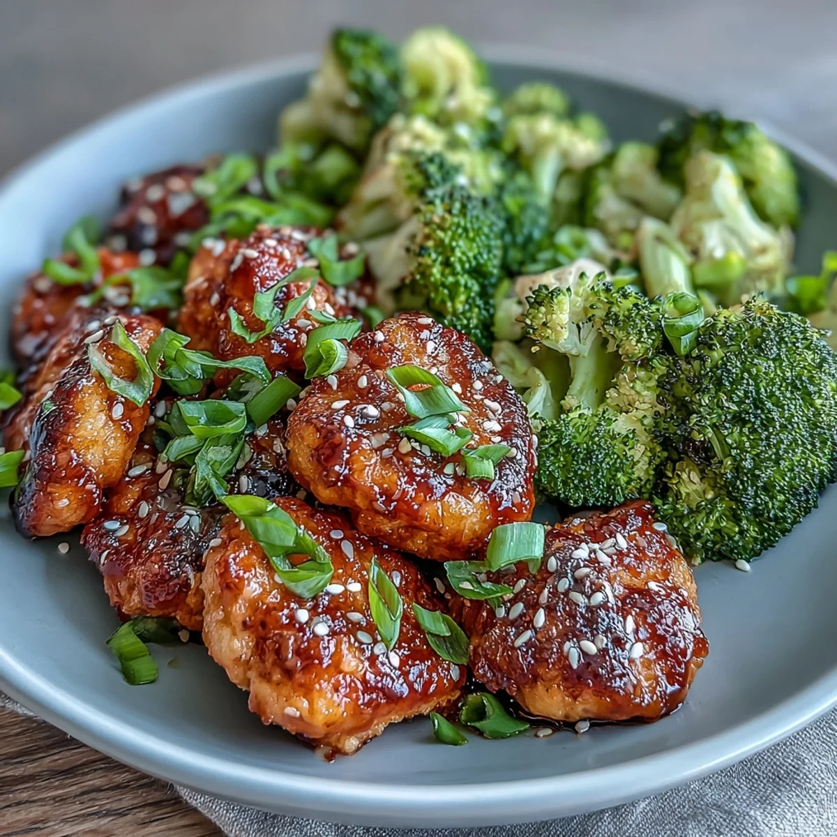 Juicy honey garlic glazed chicken bites paired with perfectly roasted broccoli florets, all cooked to perfection in the air fryer for a quick meal.