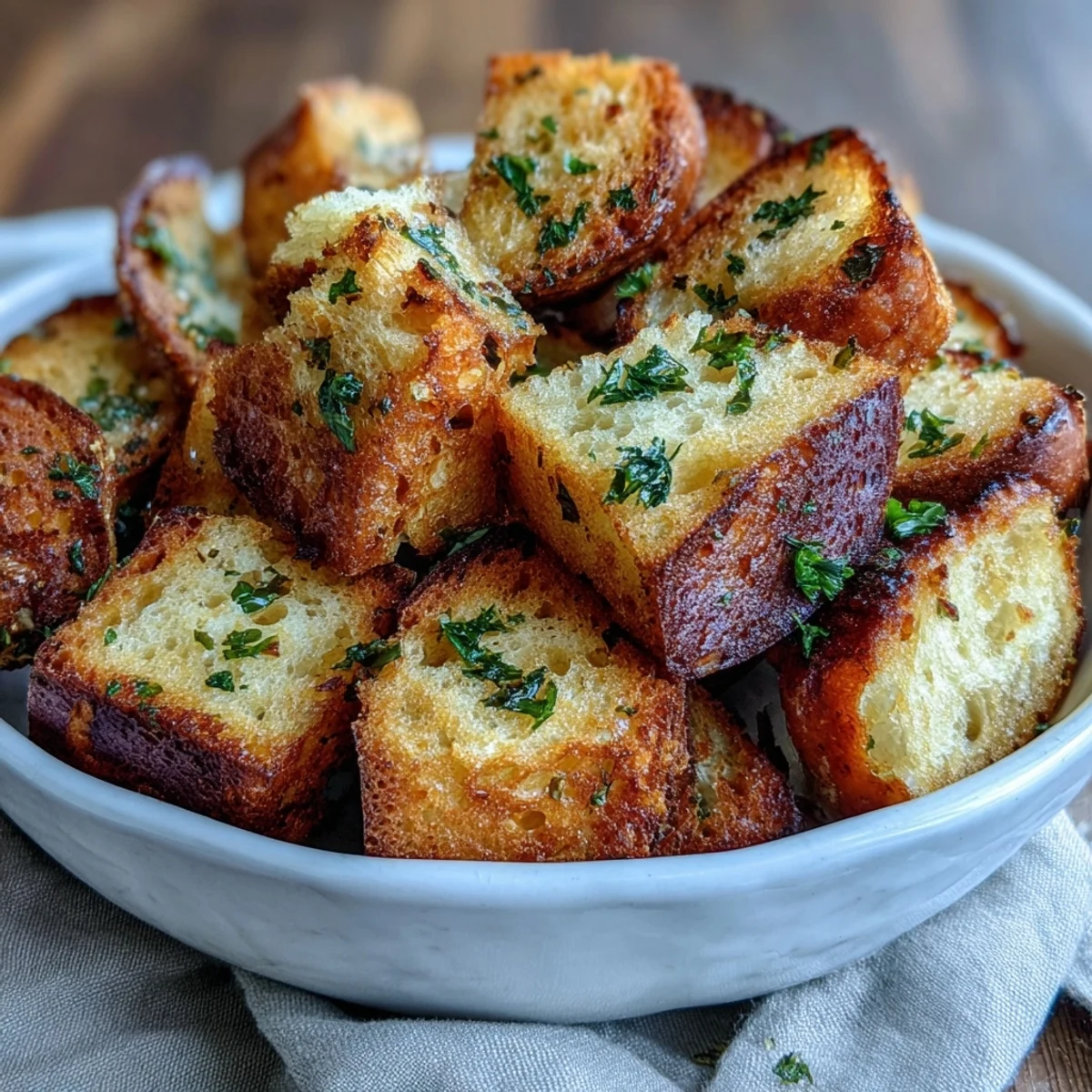 Crunchy homemade croutons made from sourdough bread, tossed with olive oil, garlic, and Italian herbs.  