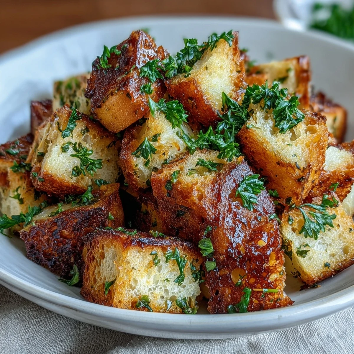 Air-fried sourdough cubes infused with garlic and herbs, golden brown and perfect for soups or salads.