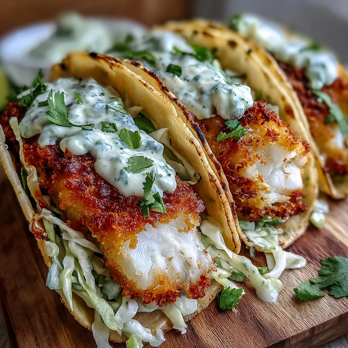 Golden-brown breaded fish fillets in the air fryer, topped with crunchy red and green cabbage slaw and drizzled with zesty sauce.  