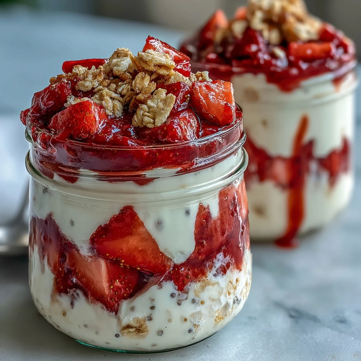 Creamy overnight oats with fresh strawberries and vanilla yogurt, inspired by strawberry shortcake—an easy, make-ahead breakfast for busy mornings.