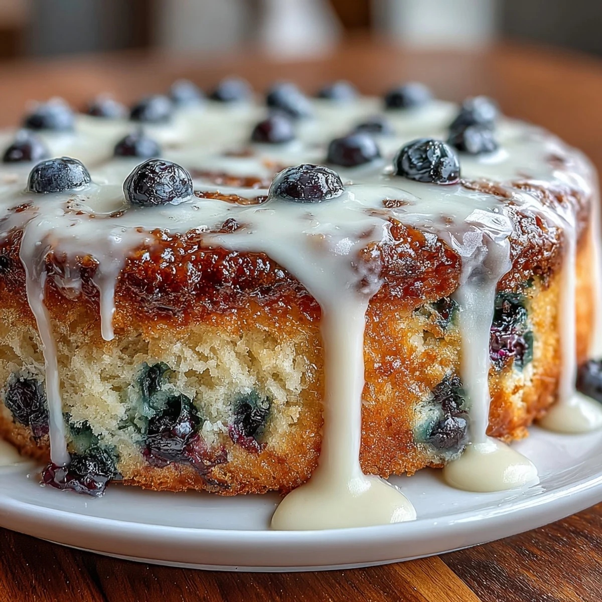 Warm sourdough skillet cake topped with fresh blueberries and a zesty lemon icing drizzle, perfect for a comforting dessert.