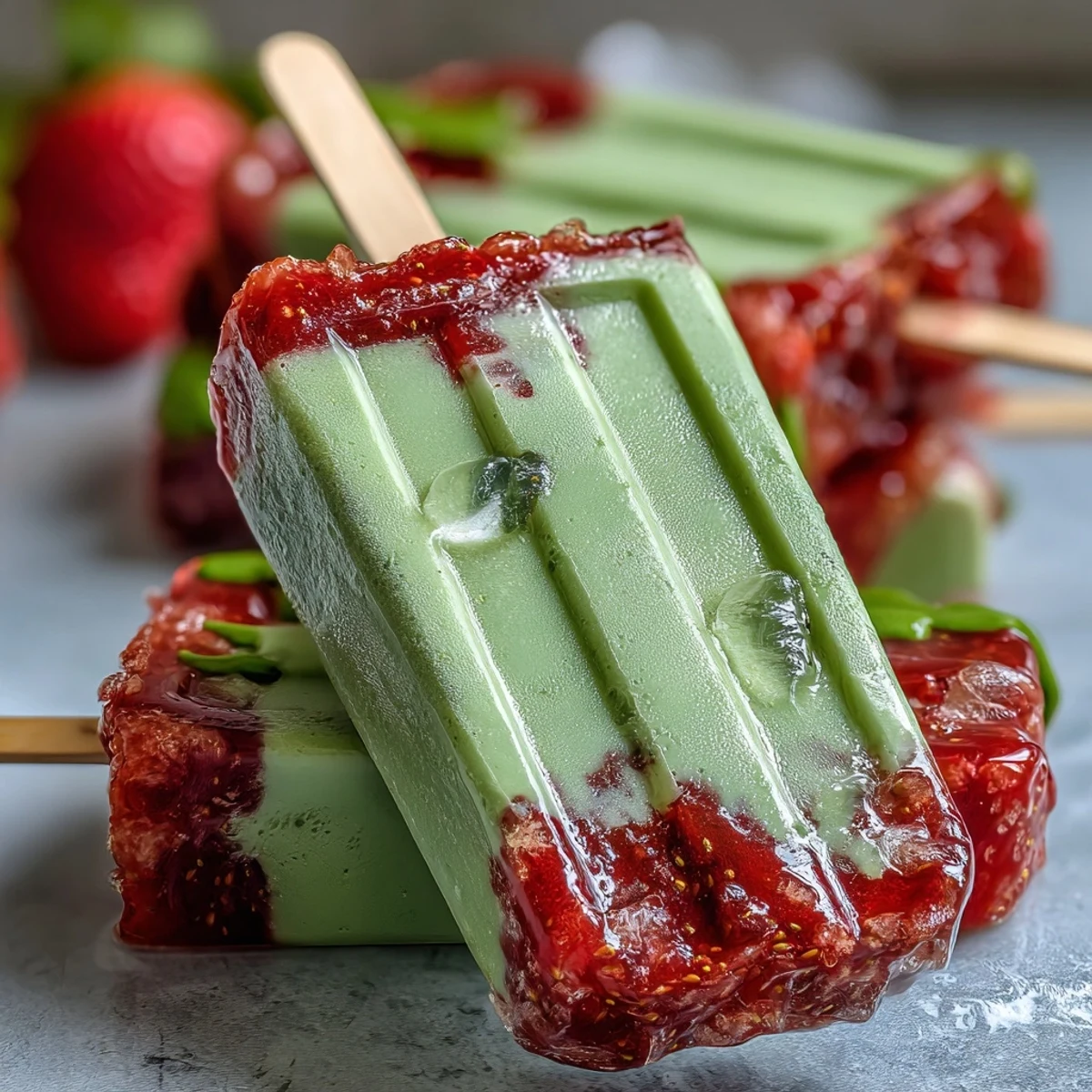 Vibrant homemade popsicles featuring sweet strawberry and earthy matcha layers, ideal for warm spring days.