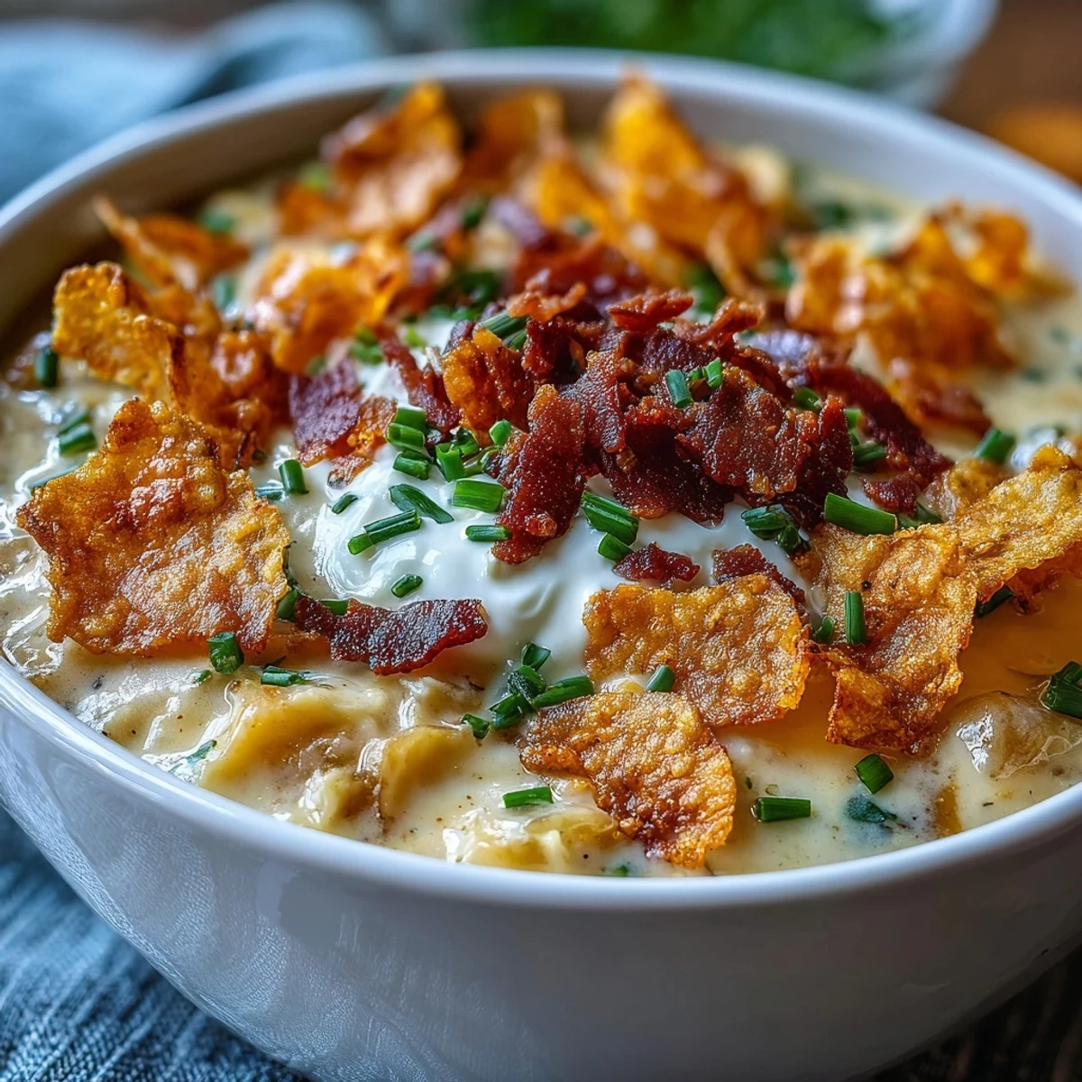 Creamy funeral potatoes loaded baked potato soup with crispy potato chip crumbles and melted cheddar cheese.
