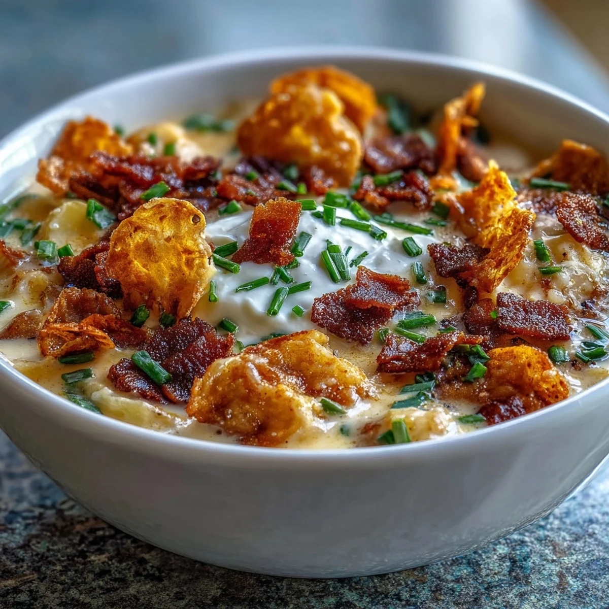 Rich and hearty loaded baked potato soup featuring funeral potatoes, sour cream, and smoky bacon bits.