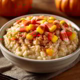 Homemade pumpkin spice rice pudding simmering on stove, comforting aroma, sweet treat.